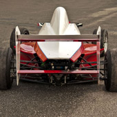 Rear view of the three element fully adjustable rear wing of the F1000 race car from Philly Motor Sports with optimized lower element for aerodynamic efficiency